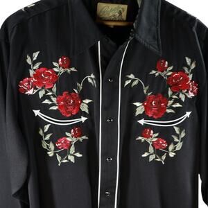 Rockmount Ranch Wear Western Shirt Mens L Black Red Rose Embroidered Snap Cowboy